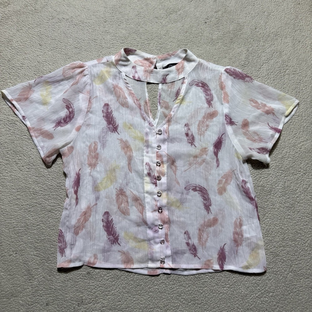 Patterson J Kincaid Top Womens Large Originals Sheer Button-Up Choker V-Neck Tee